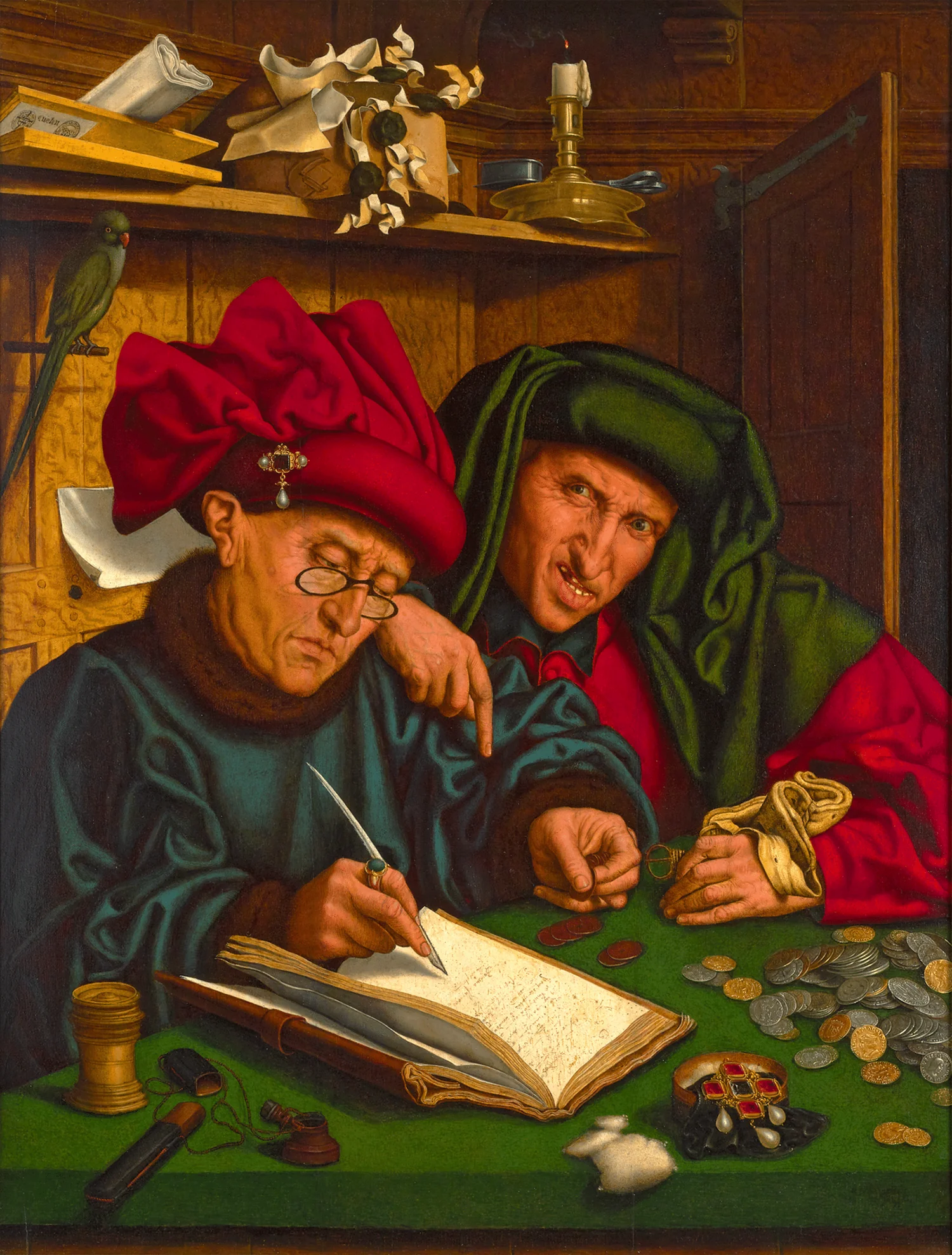 Historical painting of figures examining ledgers